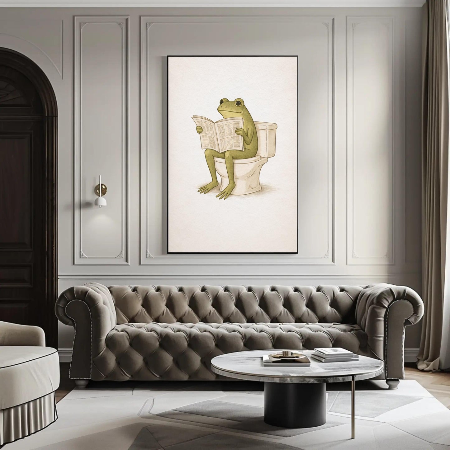 Frog Bathroom canvas wall art shown above a sofa