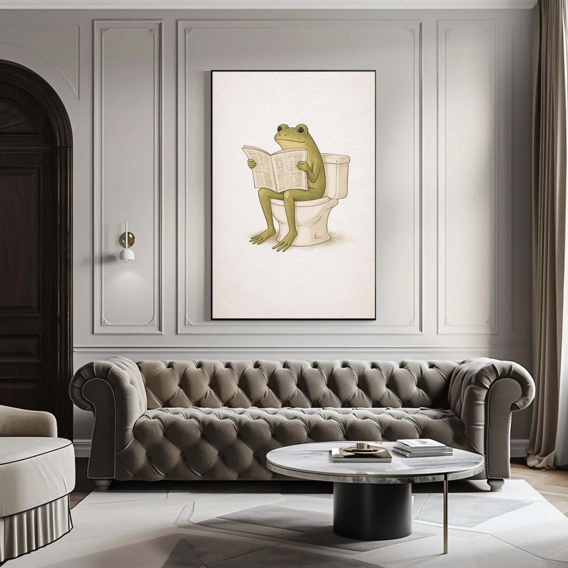 Frog Bathroom canvas wall art shown above a sofa