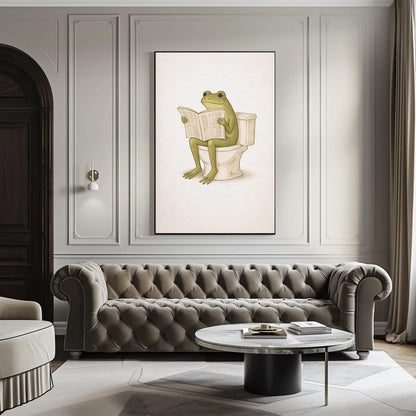 Frog Bathroom canvas wall art shown above a sofa