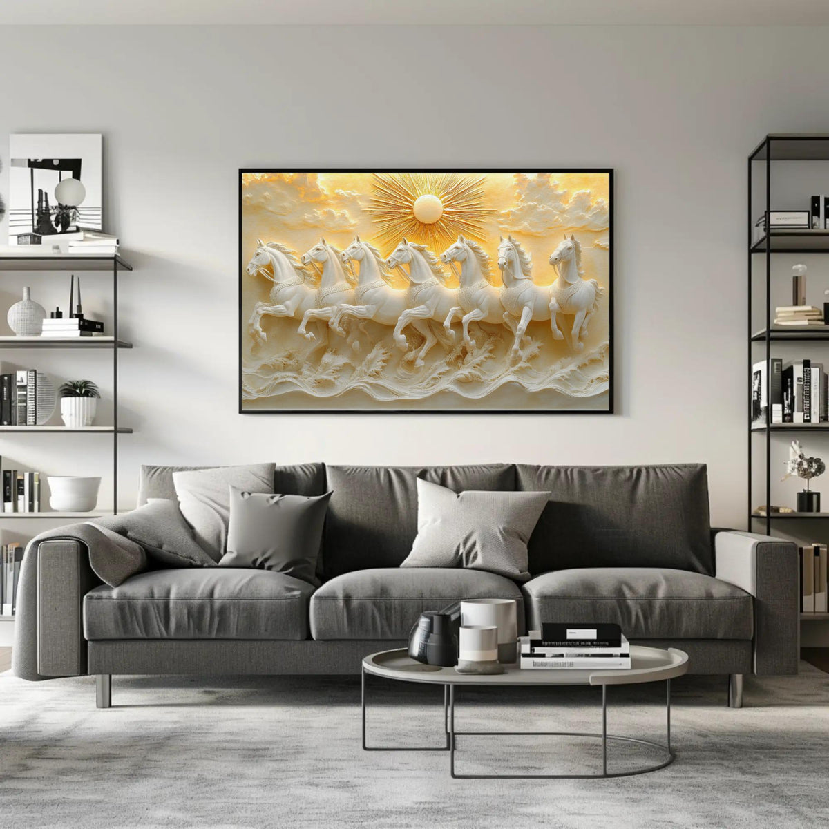 a large, framed artwork depicting a group of white horses galloping across a golden landscape, with a sun in the background. The artwork is displayed on a wall above a gray sofa in a modern living room setting.