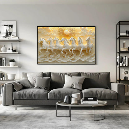 a large, framed artwork depicting a group of white horses galloping across a golden landscape, with a sun in the background. The artwork is displayed on a wall above a gray sofa in a modern living room setting.