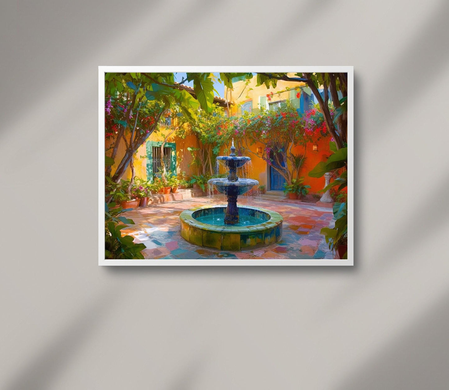 Mexican Garden Canvas Print, Latino Courtyard Fountain Art