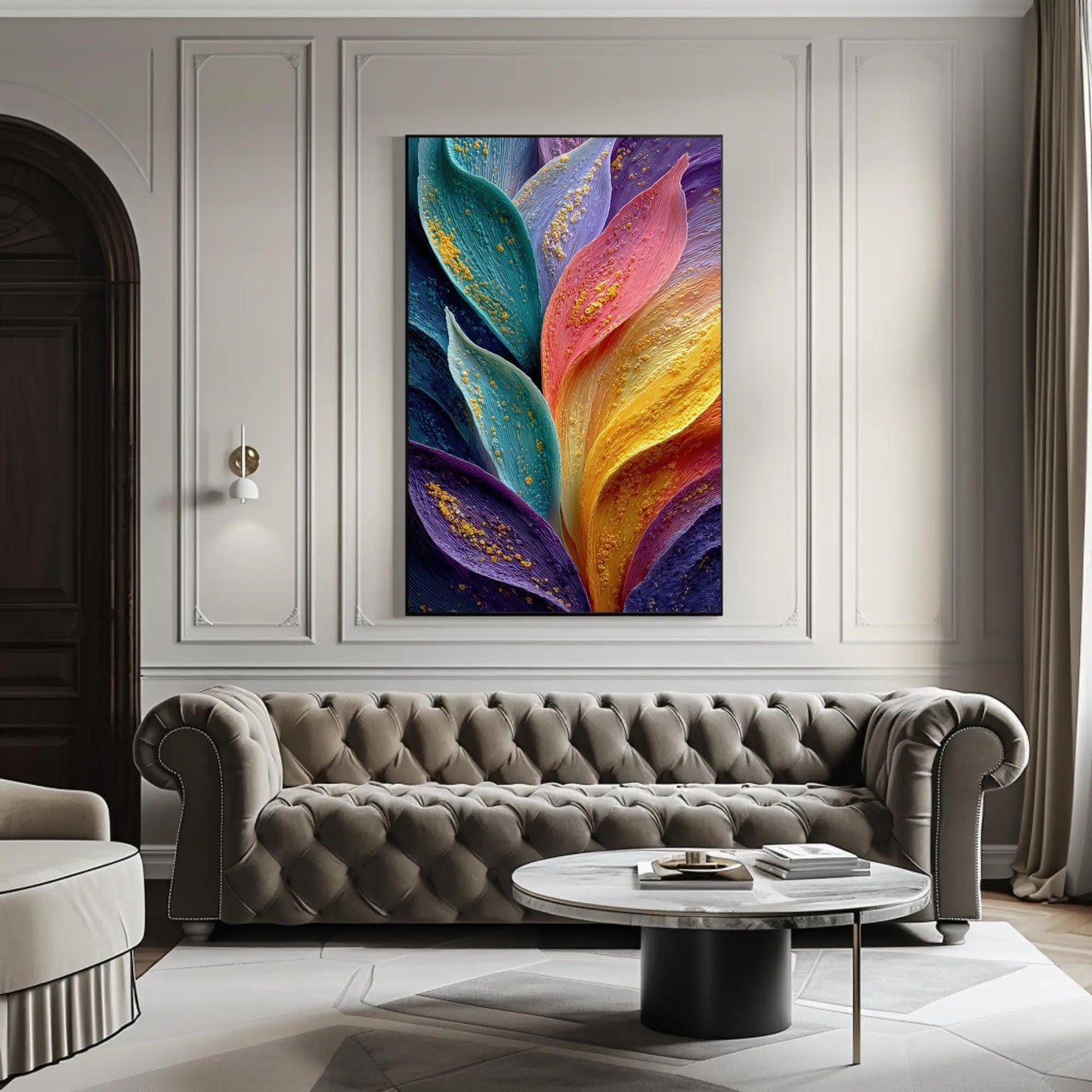 Rainbow Petals canvas wall art shown in a living room