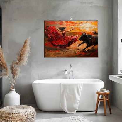 Flamenco dancer and bull canvas wall art in a room setting