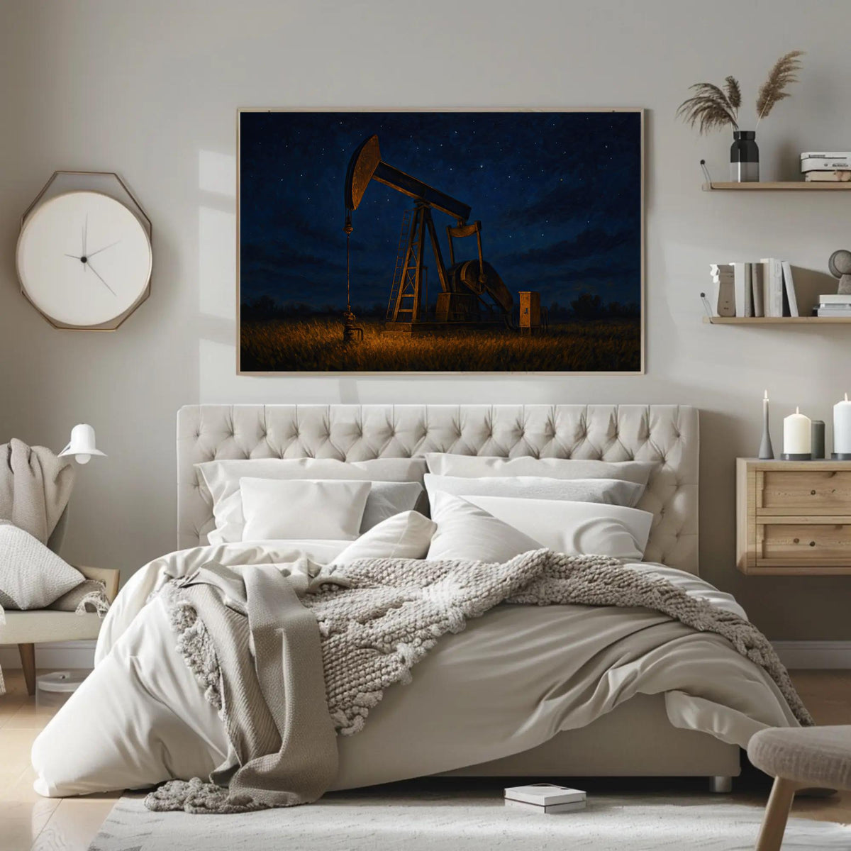 a bedroom with a bed and a painting on the wall