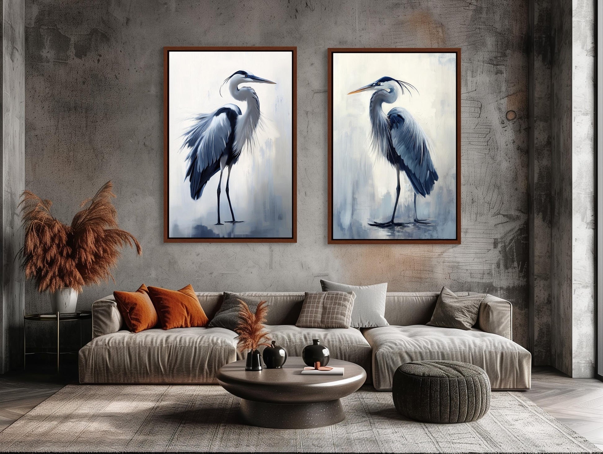 Blue Heron Set of 2 , Coastal Bird canvas print, premium giclée wall art