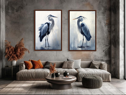 Blue Heron Set of 2 , Coastal Bird canvas print, premium giclée wall art
