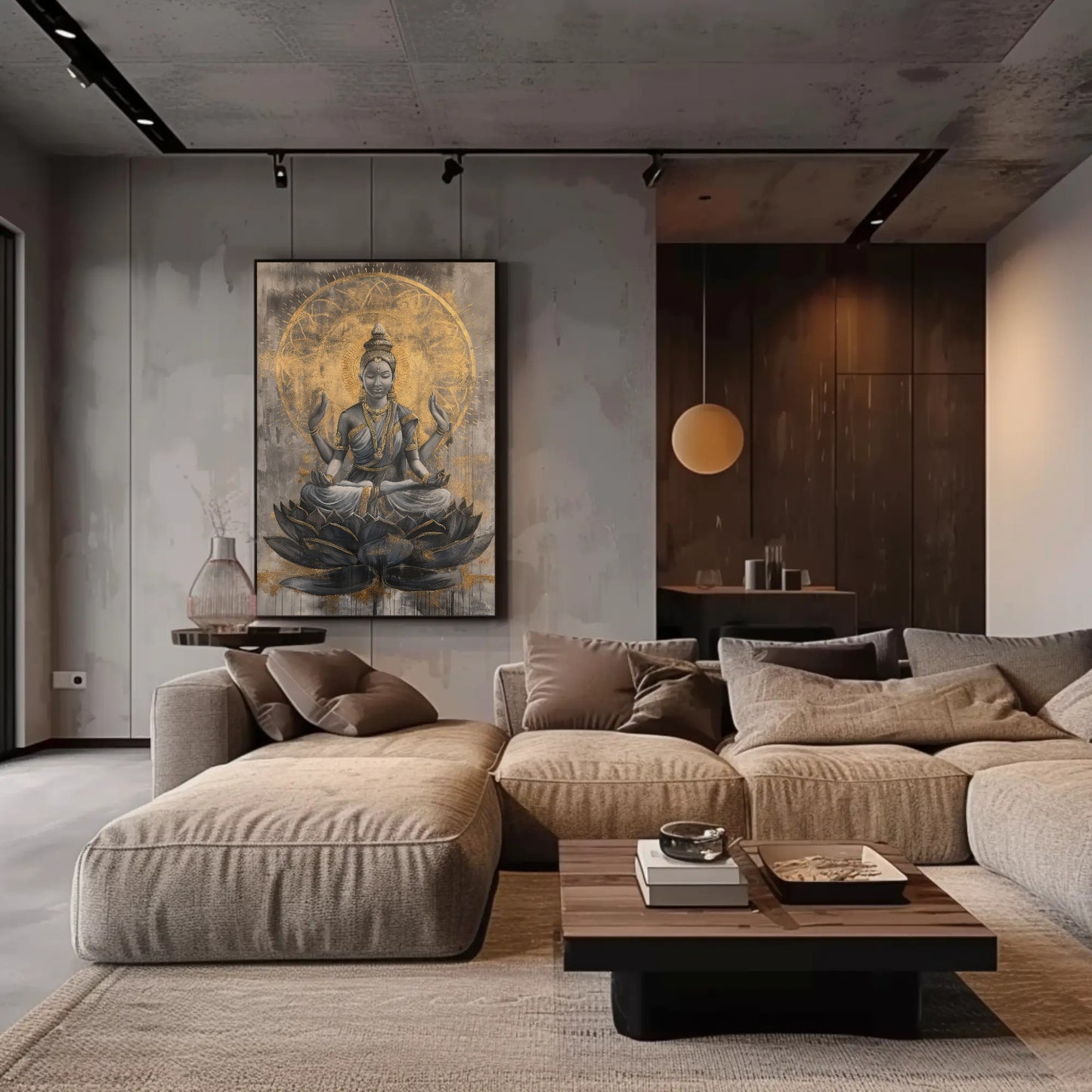 Lakshmi Gold , Hindu Prosperity canvas wall art shown in a living room (view 2)