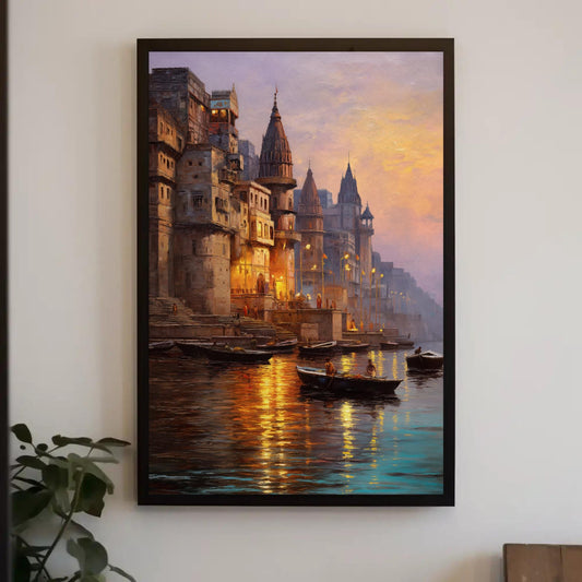 Varanasi Ghats Canvas Art | Golden Amber Decor - Meditation Room Wall Canvas