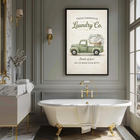 Vintage laundry truck sign canvas wall art, bathroom with a white freestanding bathtub, a framed poster with a vintage-style