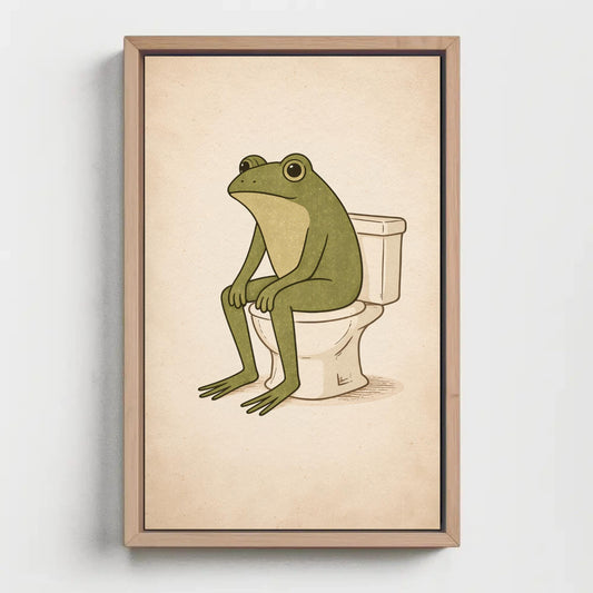 A frog sitting on a toilet in a framed artwork.