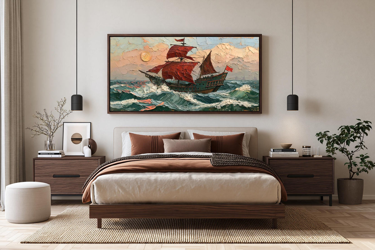 a large, ornate painting of a sailing ship on a stormy sea, hanging on a wall above a bed with a brown and white bedspread.
