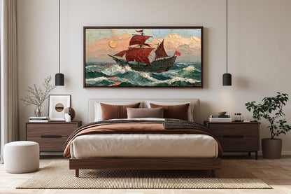 a large, ornate painting of a sailing ship on a stormy sea, hanging on a wall above a bed with a brown and white bedspread.