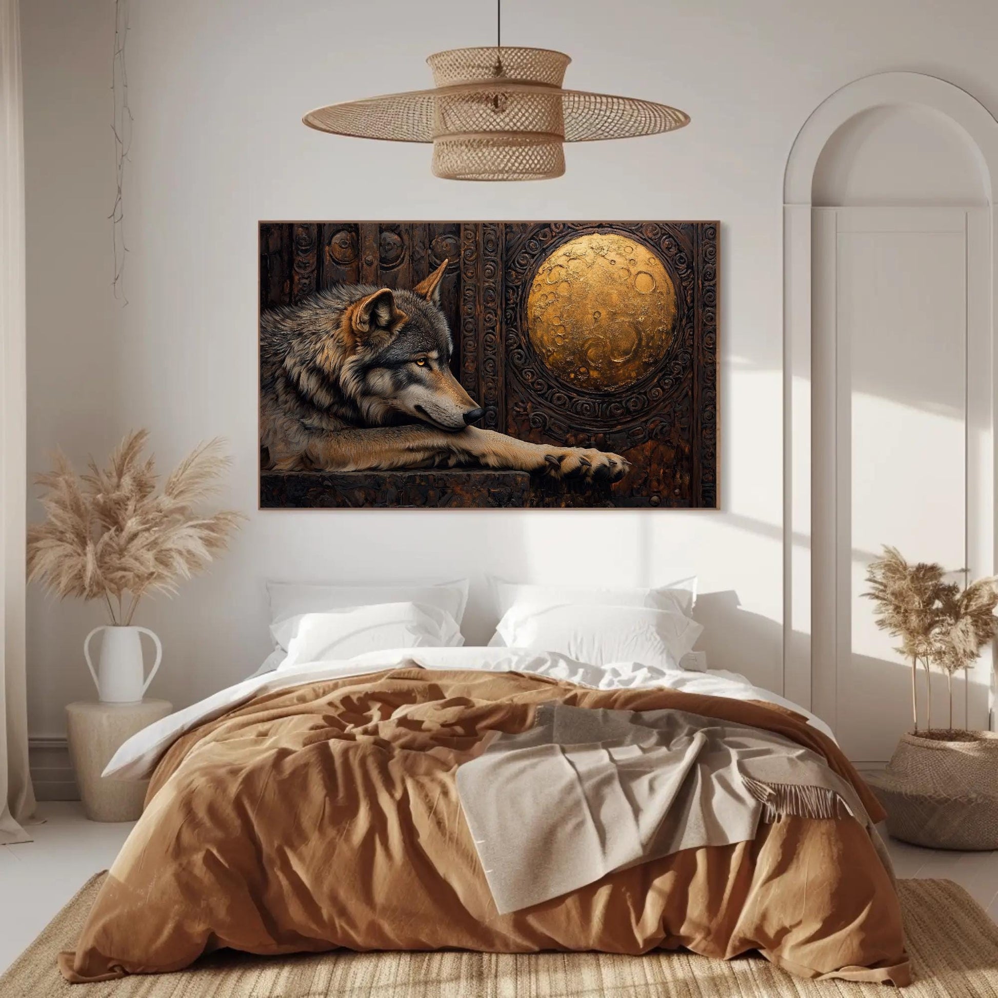 Wolf And Gold Moon Mystical Wildlife Art canvas wall art shown in a styled room (view 3)