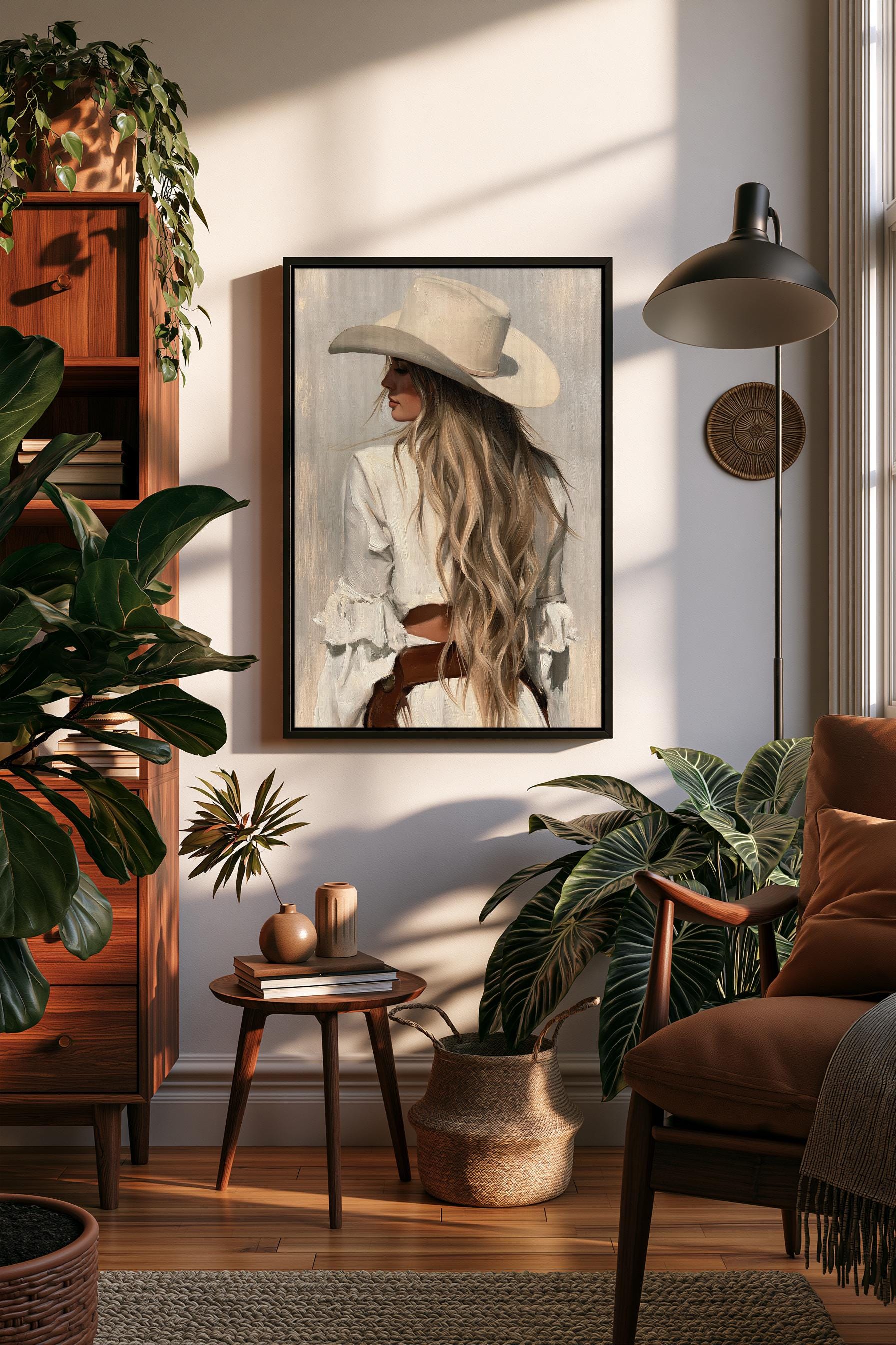 a cozy living room with a large framed painting of a woman wearing a white hat, surrounded by lush greenery and a wooden bookshelf.