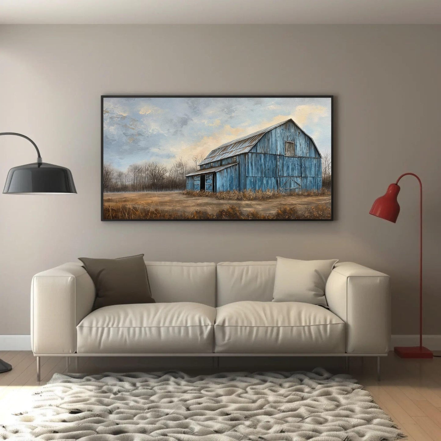 Blue Barn Landscape canvas wall art shown in a living room