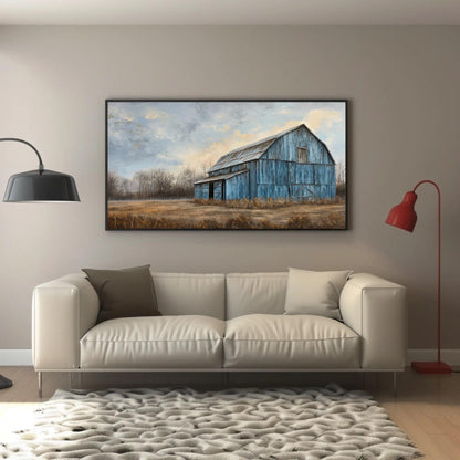 Blue Barn Landscape canvas wall art shown in a living room