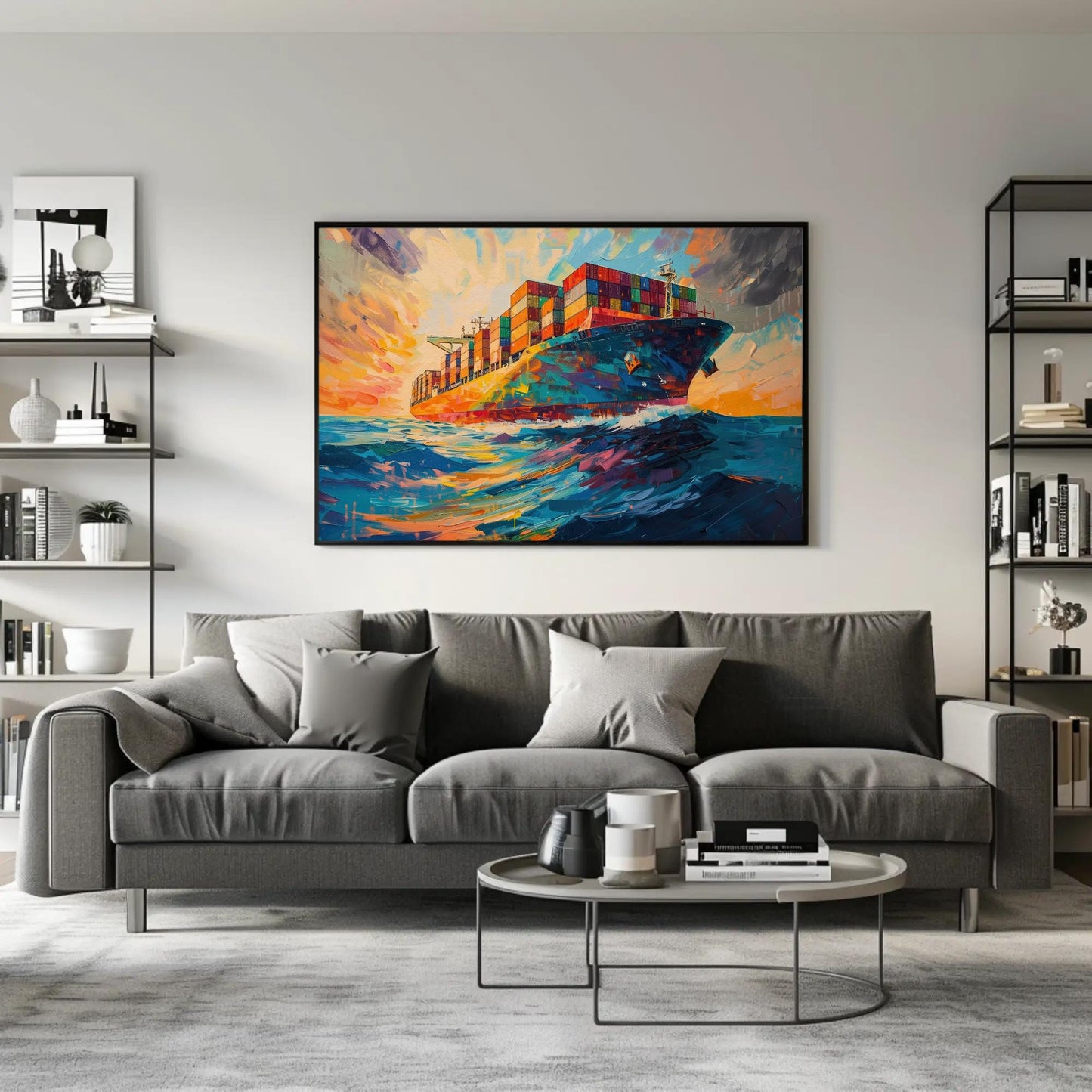 Container Ship canvas wall art shown in a living room