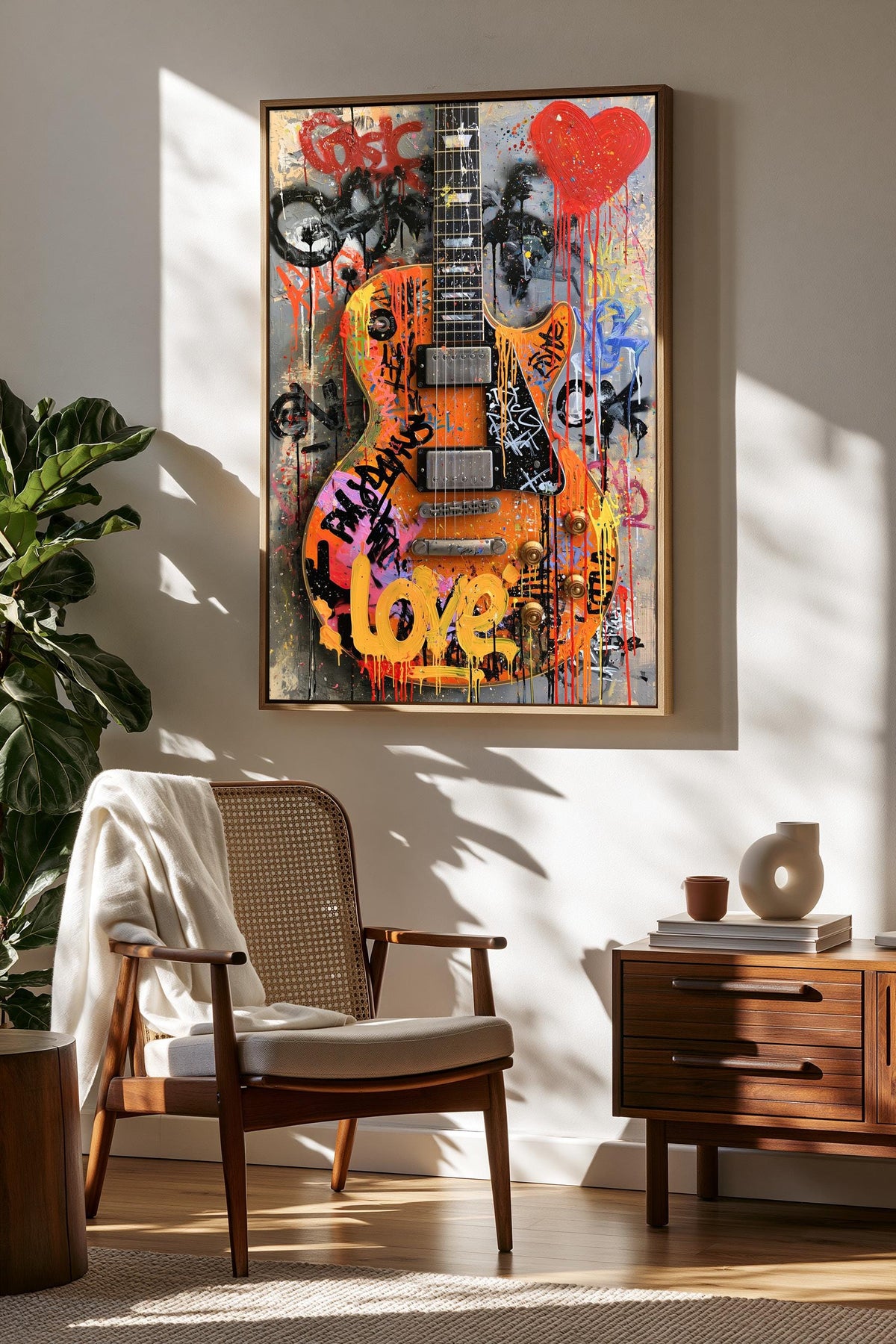 a vibrant, graffiti-style painting of a guitar hanging on a wall, with the word "love" prominently displayed in the center. The painting is surrounded by various other graffiti-style elements, creating a visually striking and artistic composition.