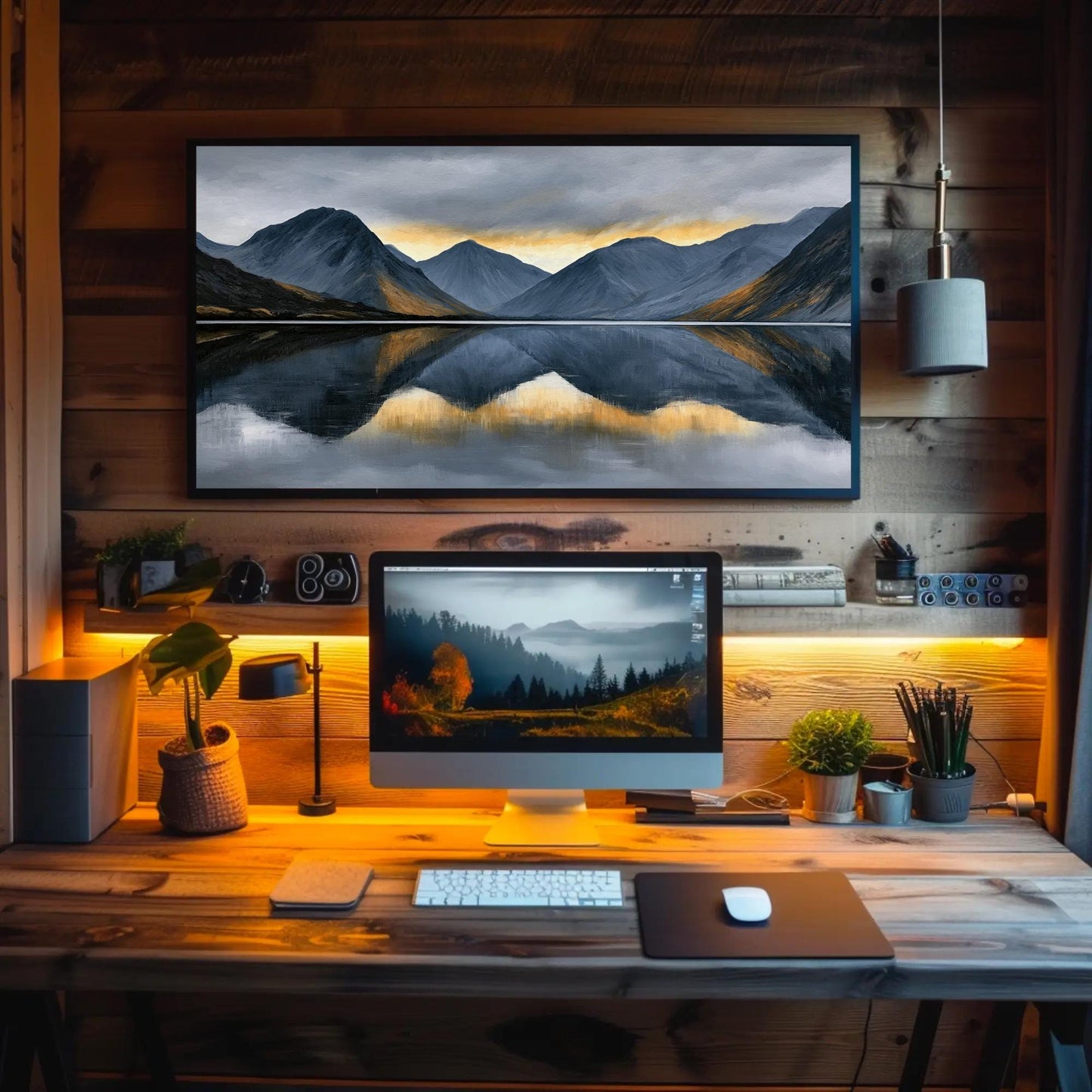 Panoramic Mountain Lake Art canvas wall art shown in a home office