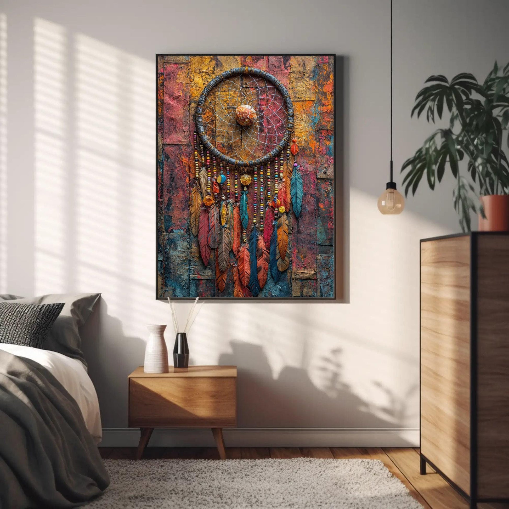 Dreamcatcher , Boho Rustic Feather canvas wall art shown in a bedroom