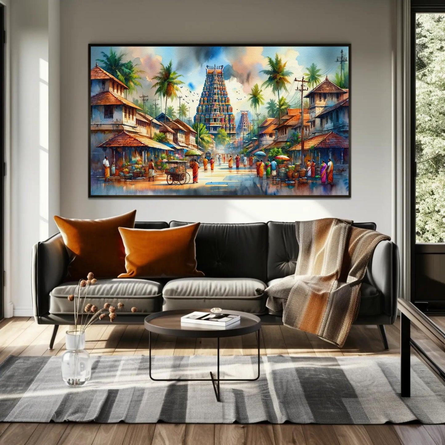 South India Temple , Authentic Landscape canvas wall art shown in a living room
