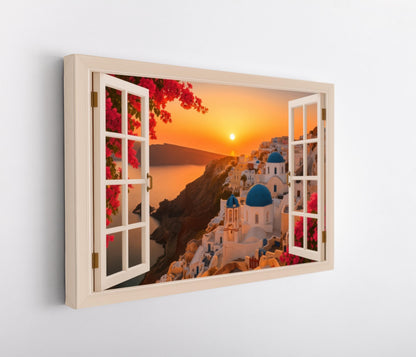 Santorini window sunset canvas wall art in a room setting