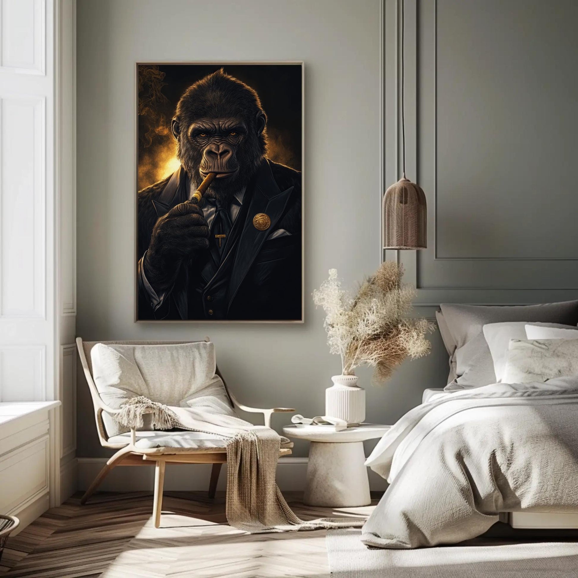 Suited Gorilla canvas wall art shown in a bedroom