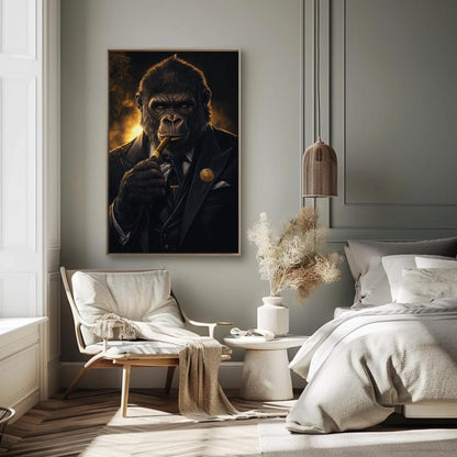 Suited Gorilla canvas wall art shown in a bedroom