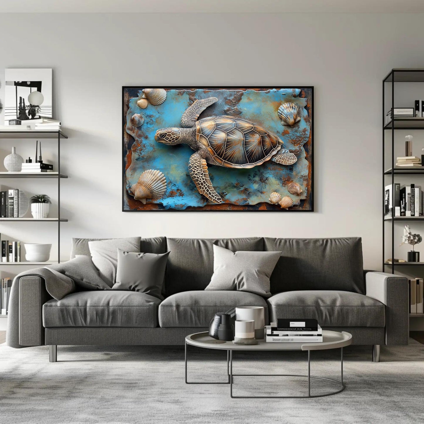 3D Sea Turtle Art canvas wall art shown in a living room (view 2)