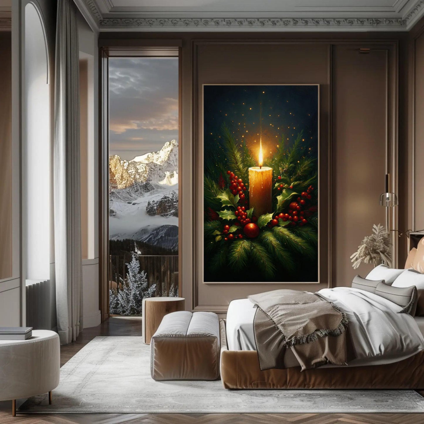 Christmas Candle canvas wall art shown in a bedroom