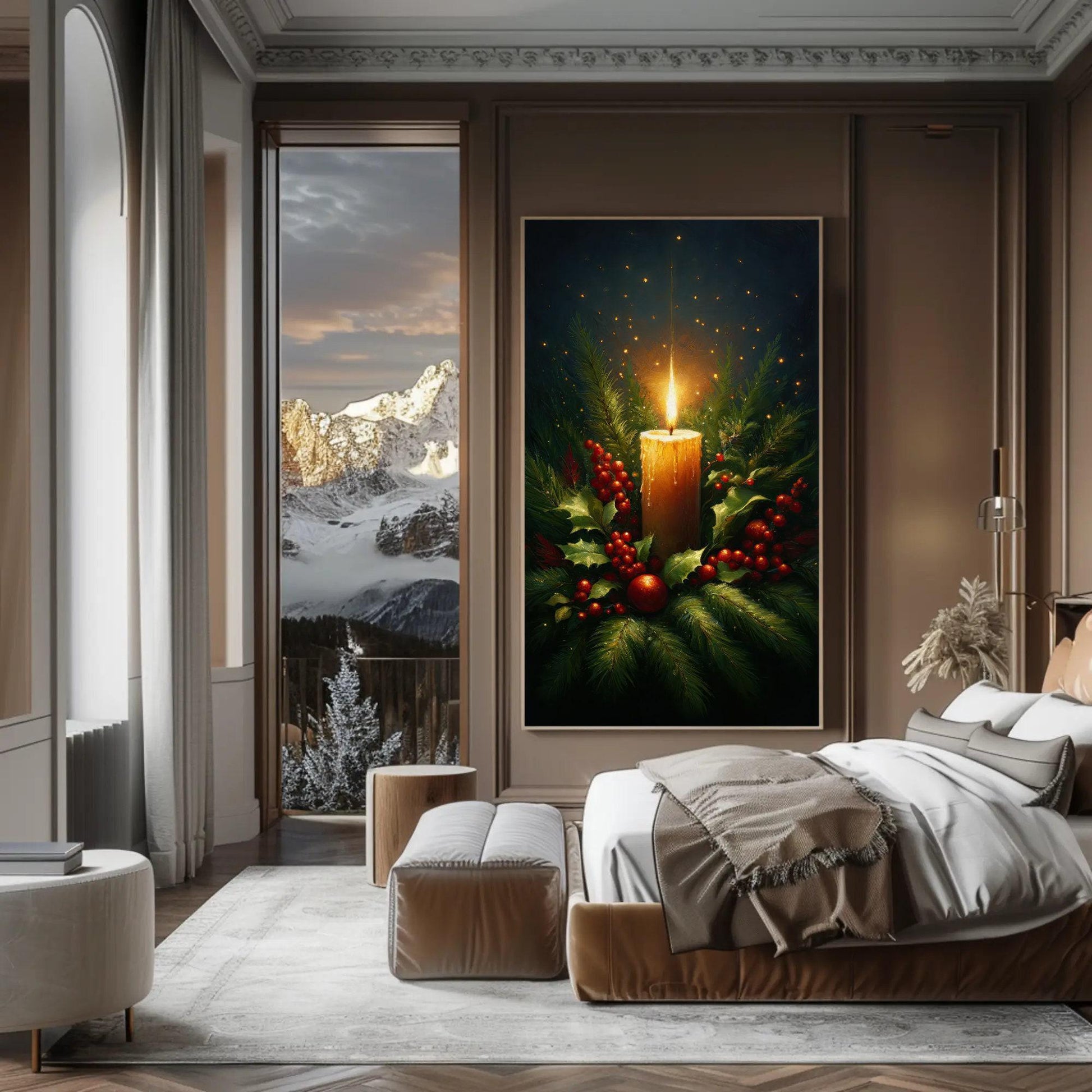Christmas Candle canvas wall art shown in a bedroom