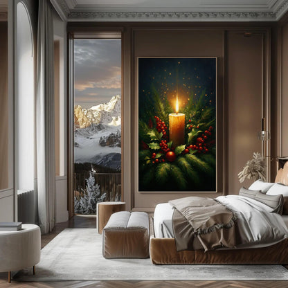 Christmas Candle canvas wall art shown in a bedroom