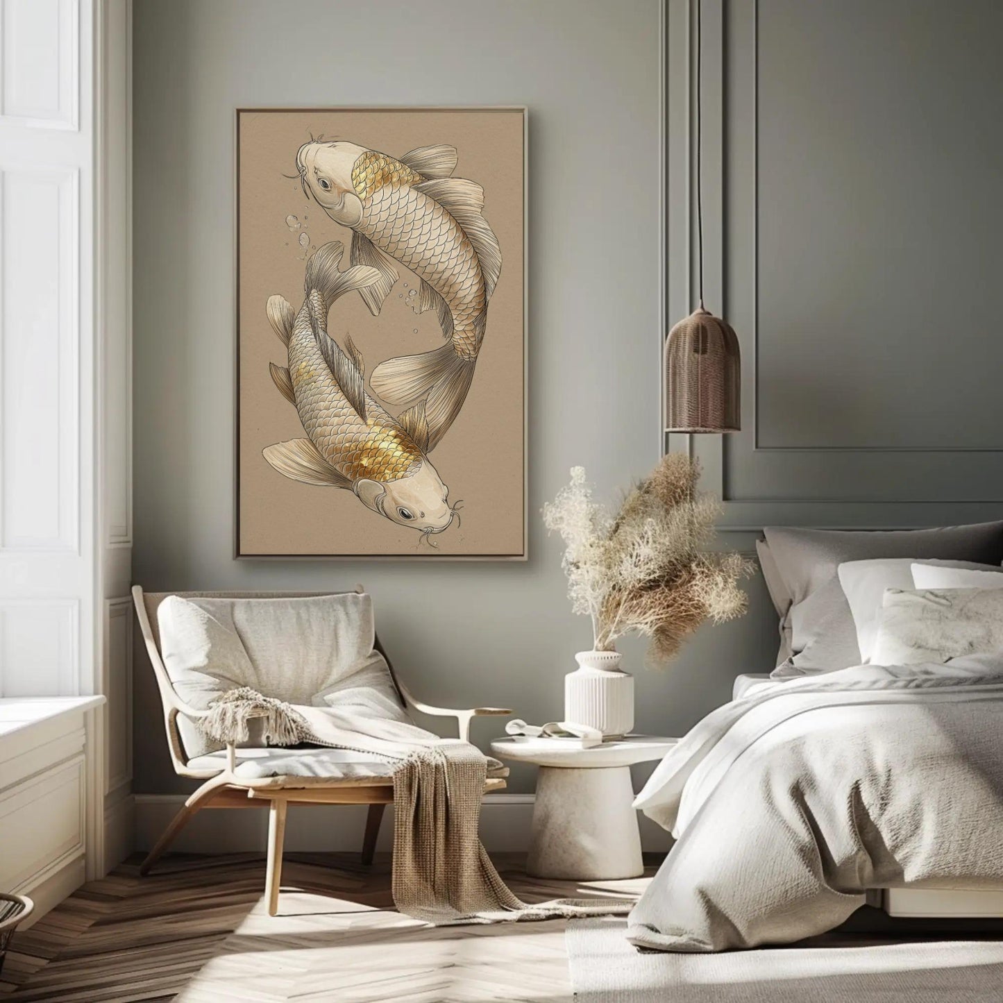 Japanese Koi Fish Art canvas wall art shown in a bedroom
