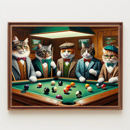 Cats Playing Pool , Whimsical Game Room canvas wall art in green tones