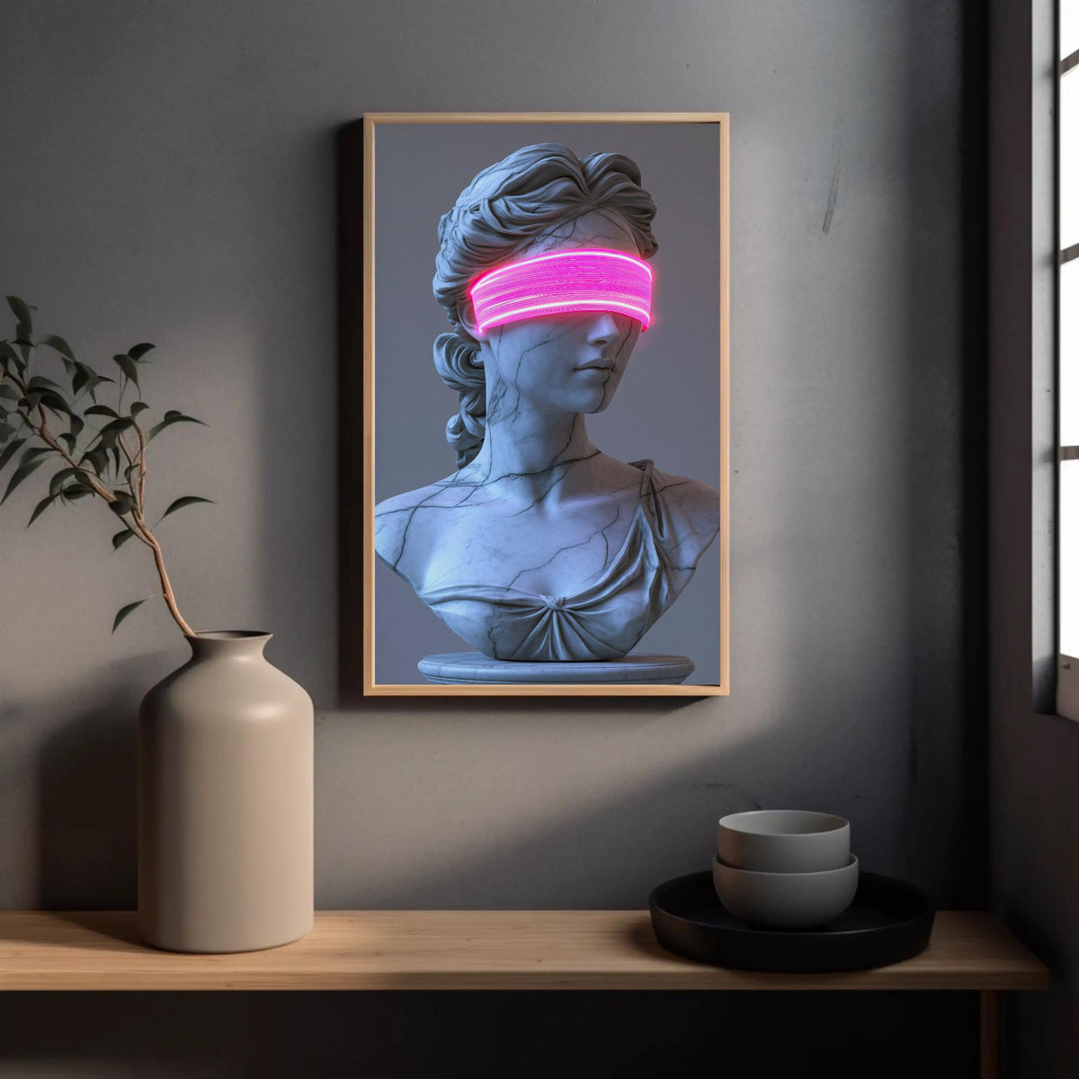 Neon blindfold Lady Justice canvas wall art, framed artwork of a bust with a pink light-up blind covering the eyes