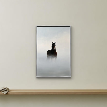 Brown horse in fog canvas wall art, framed image of a horse standing in the mist, with a wooden shelf below it