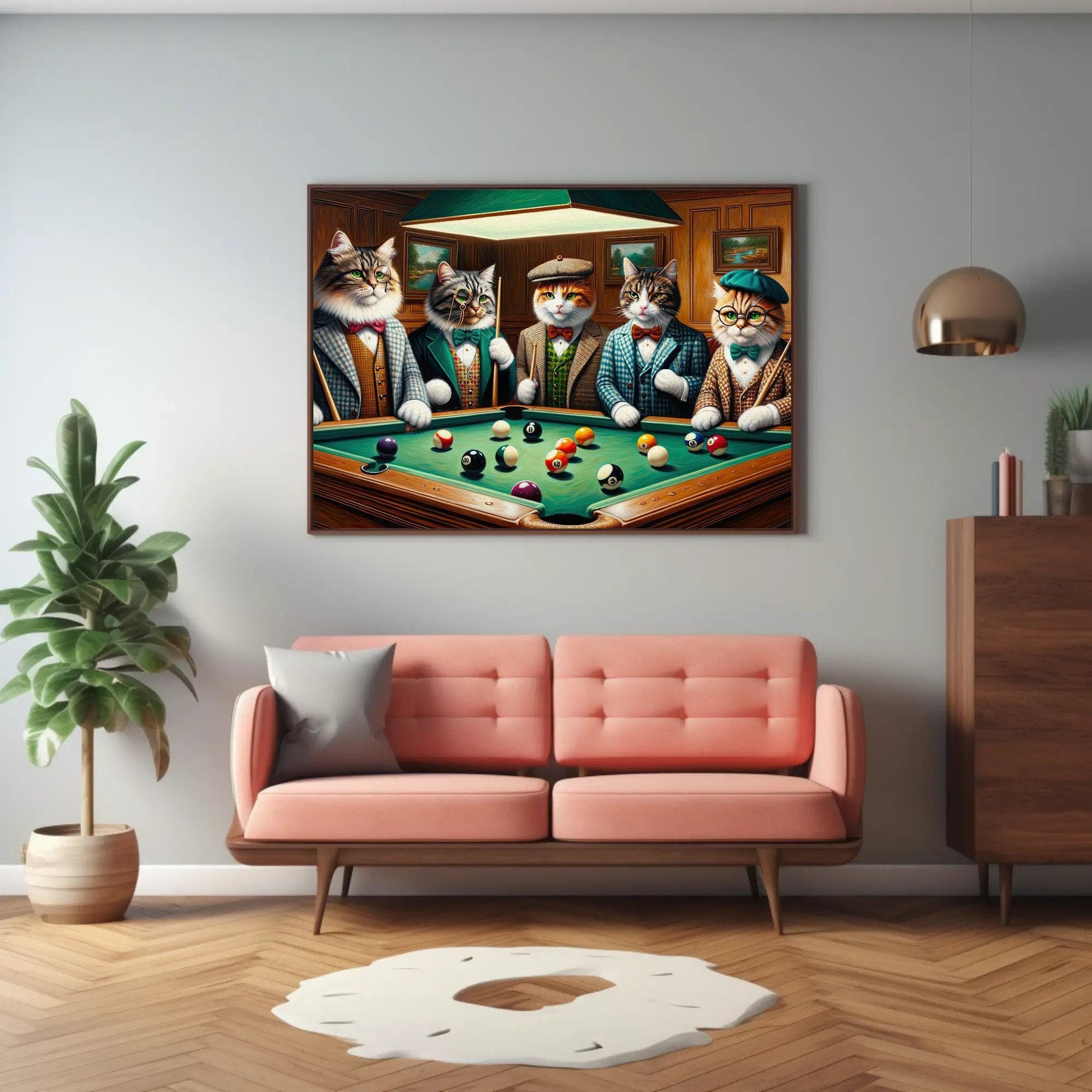 Cats Playing Pool , Whimsical Game Room canvas wall art shown in a living room