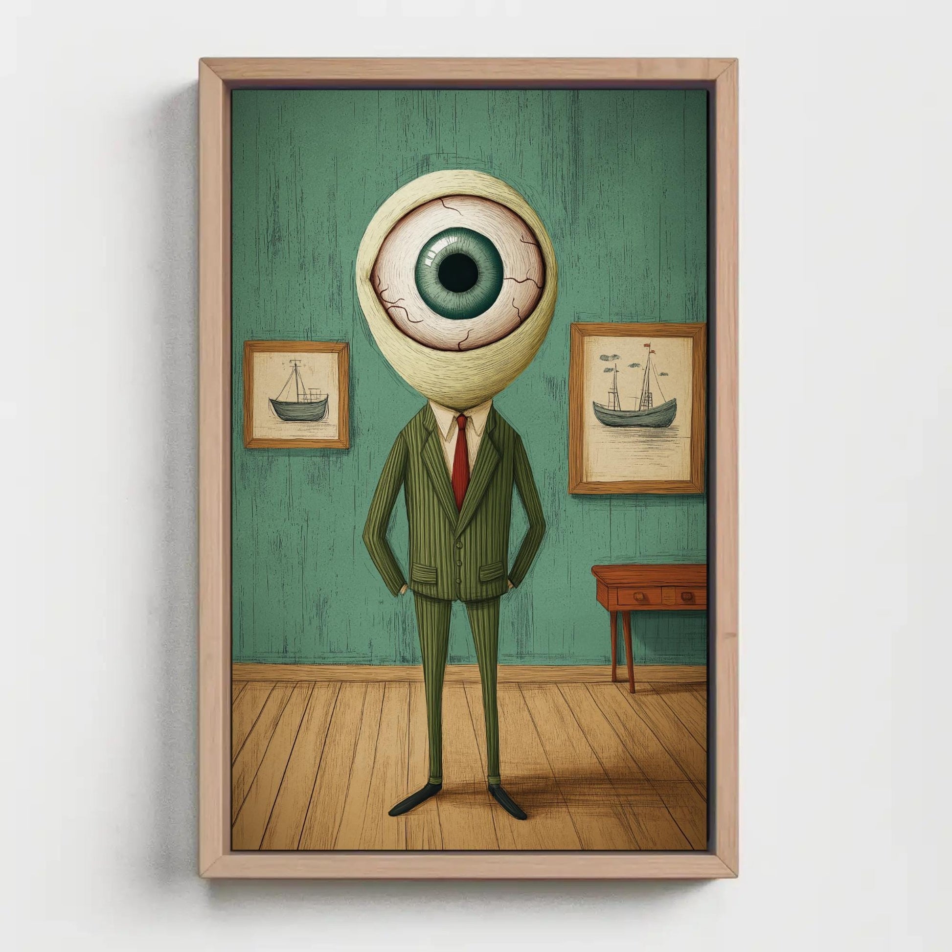 Surreal Eye Head canvas wall art shown in a styled room