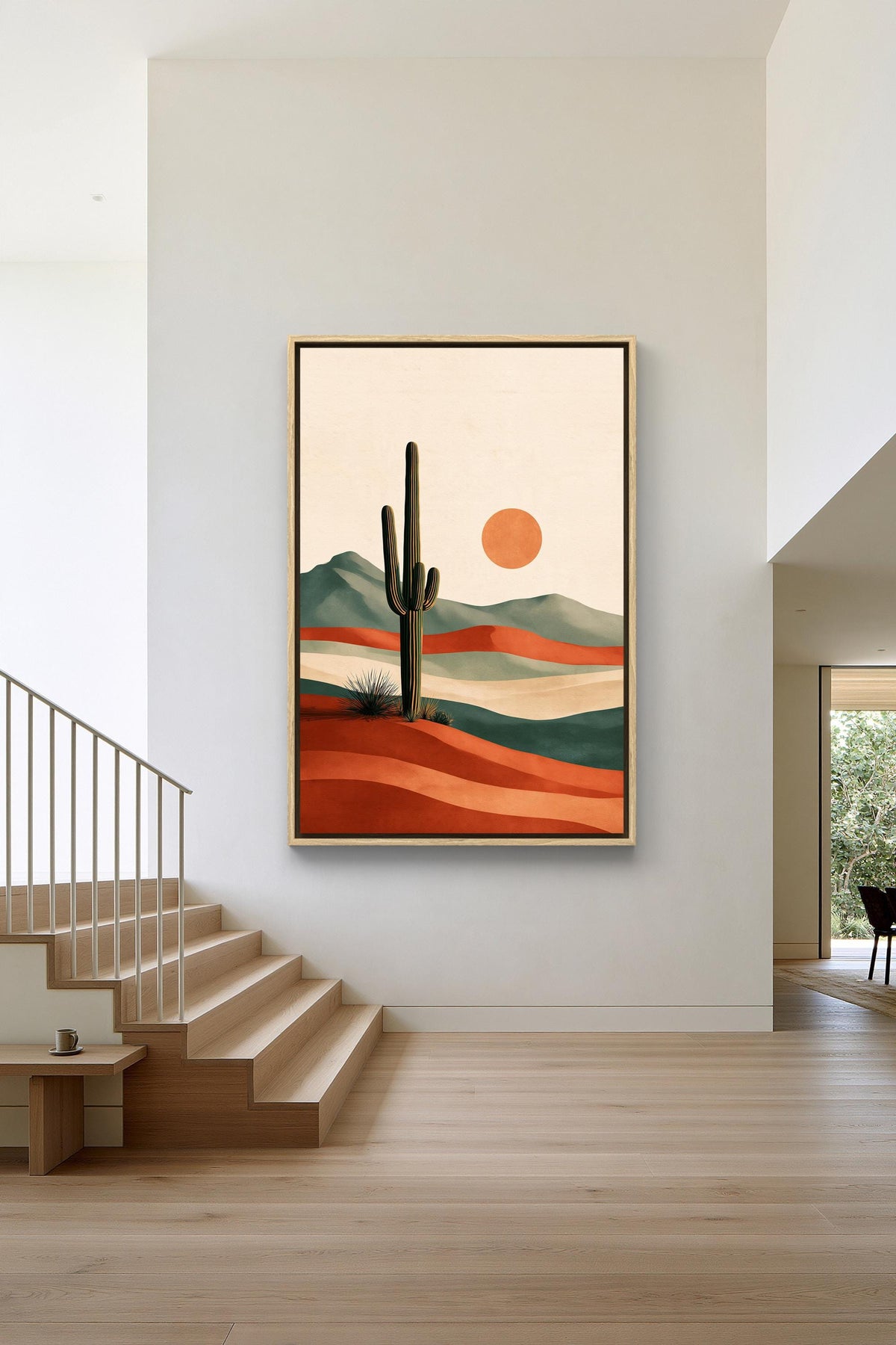 Boho cactus and sun canvas wall art, large framed painting of a desert landscape with a cactus in the foreground and