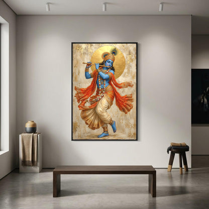 a large painting of a Hindu deity, specifically the Hindu deity Krishna, who is depicted playing a flute. The painting is hung on a white wall in a room with a wooden bench and a stool in the foreground.