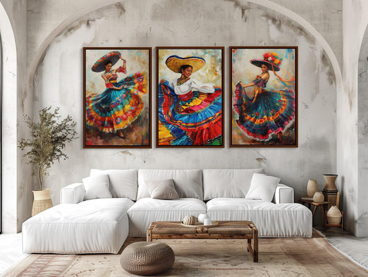 a living room with a white couch and paintings on the wall