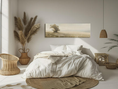 Lone tree vintage meadow canvas wall art, bedroom with a large bed and a painting on the wall