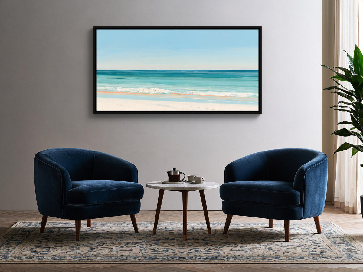 Turquoise ocean beach canvas wall art, living room with a large painting of a beach scene hanging on the wall above two blue