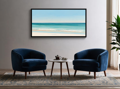 Turquoise ocean beach canvas wall art, living room with a large painting of a beach scene hanging on the wall above two blue