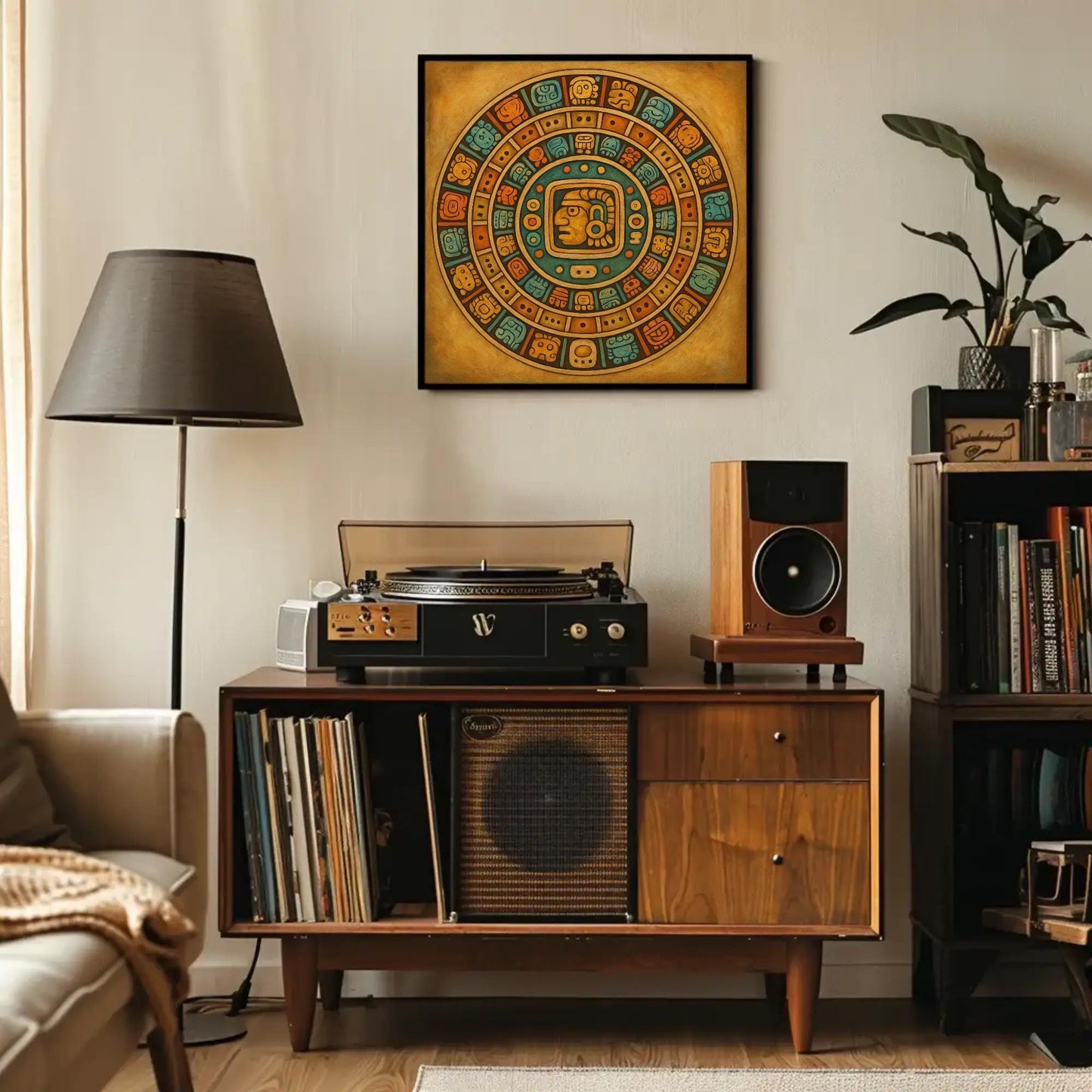 Mayan Calendar canvas wall art shown in a living room (view 2)