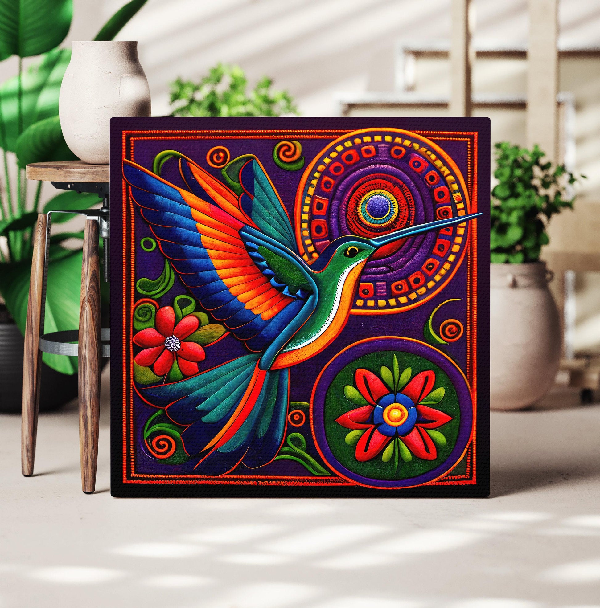 Huichol Hummingbird canvas print, premium giclée wall art