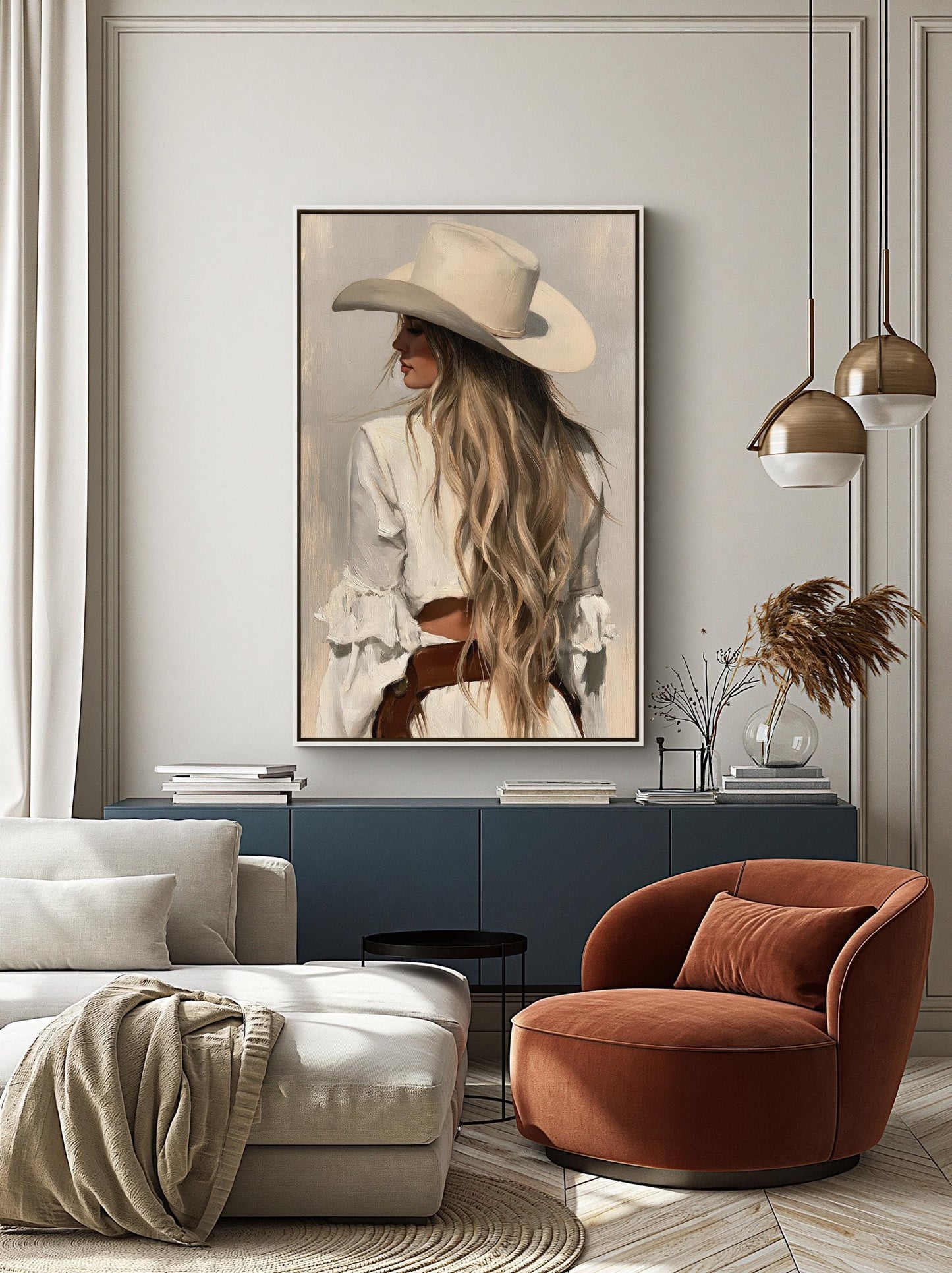 a living room with a large framed painting of a woman wearing a white hat, a red armchair, and a white sofa.