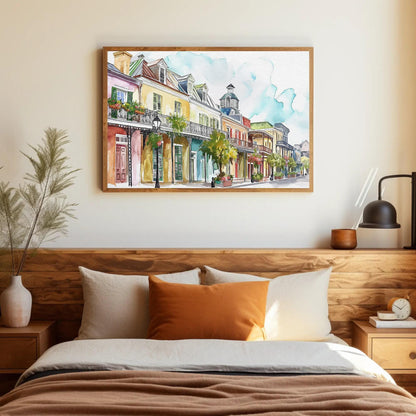 French Quarter , New Orleans Watercolor canvas wall art shown in a bedroom