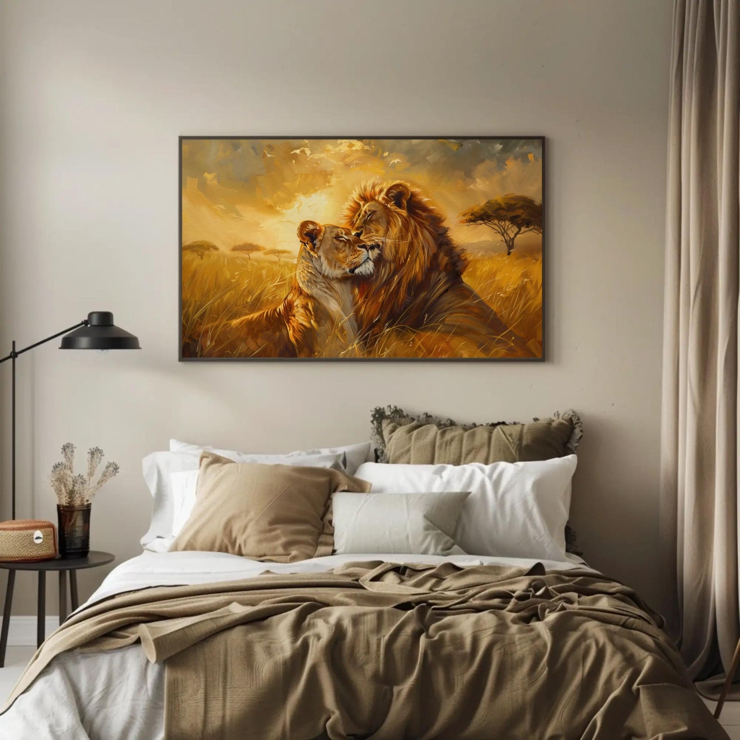 Lion Couple , Romantic Wildlife Sunset canvas wall art shown above a bed (view 2)